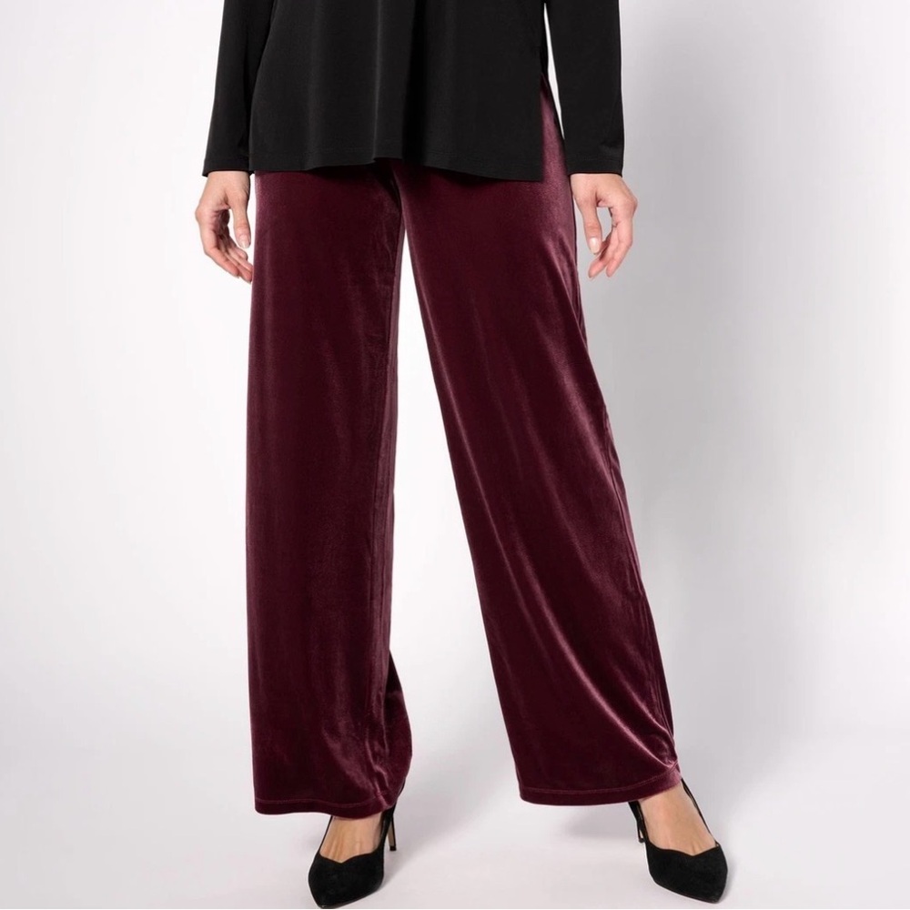 Susan Graver Women's Pants Sz L Knit Velvet Wide Leg Pull-On Wineberry A623493